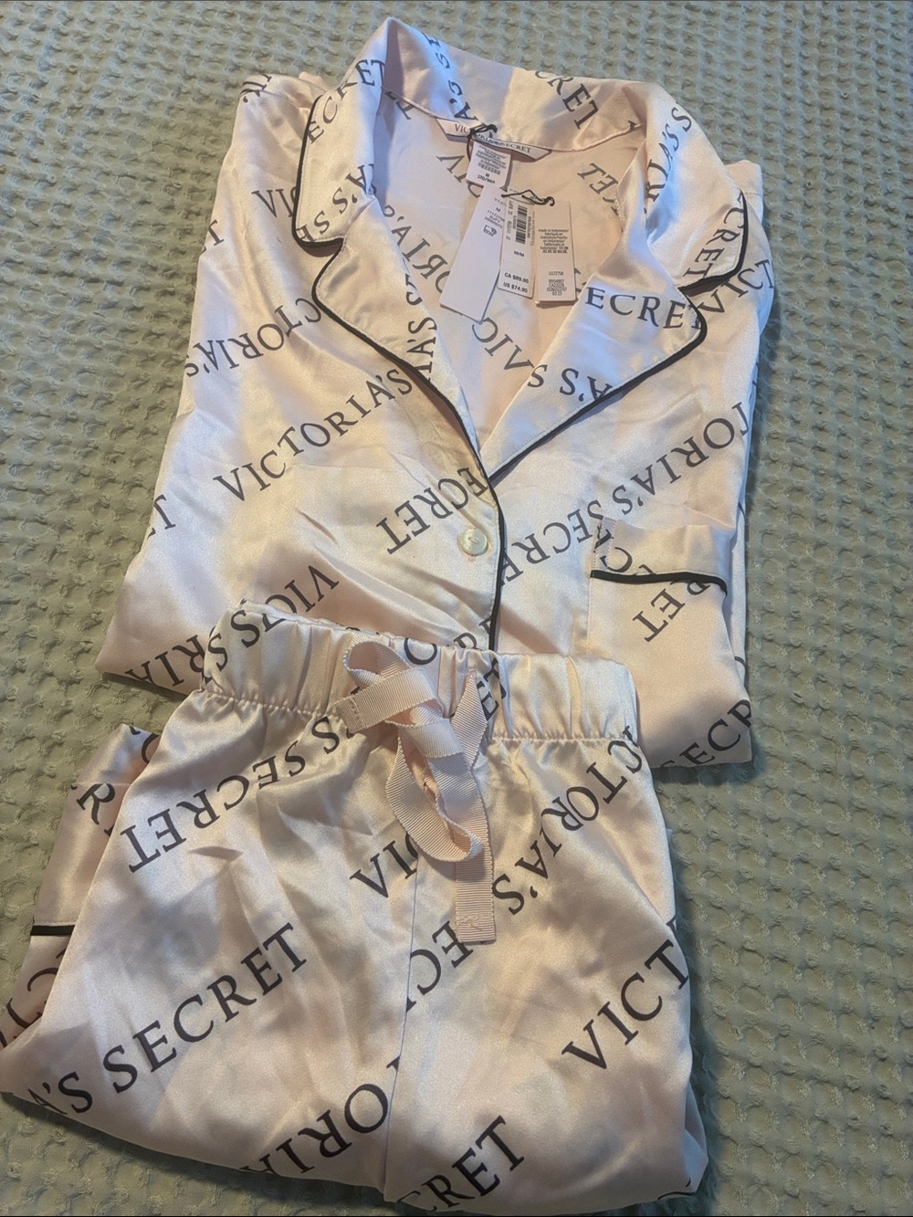 Victoria's Secret Pink Satin Logo Pajama Set with Black Piping
